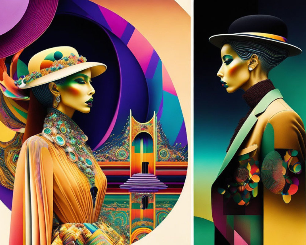 Stylized portraits of women with elaborate hats and colorful, psychedelic backgrounds