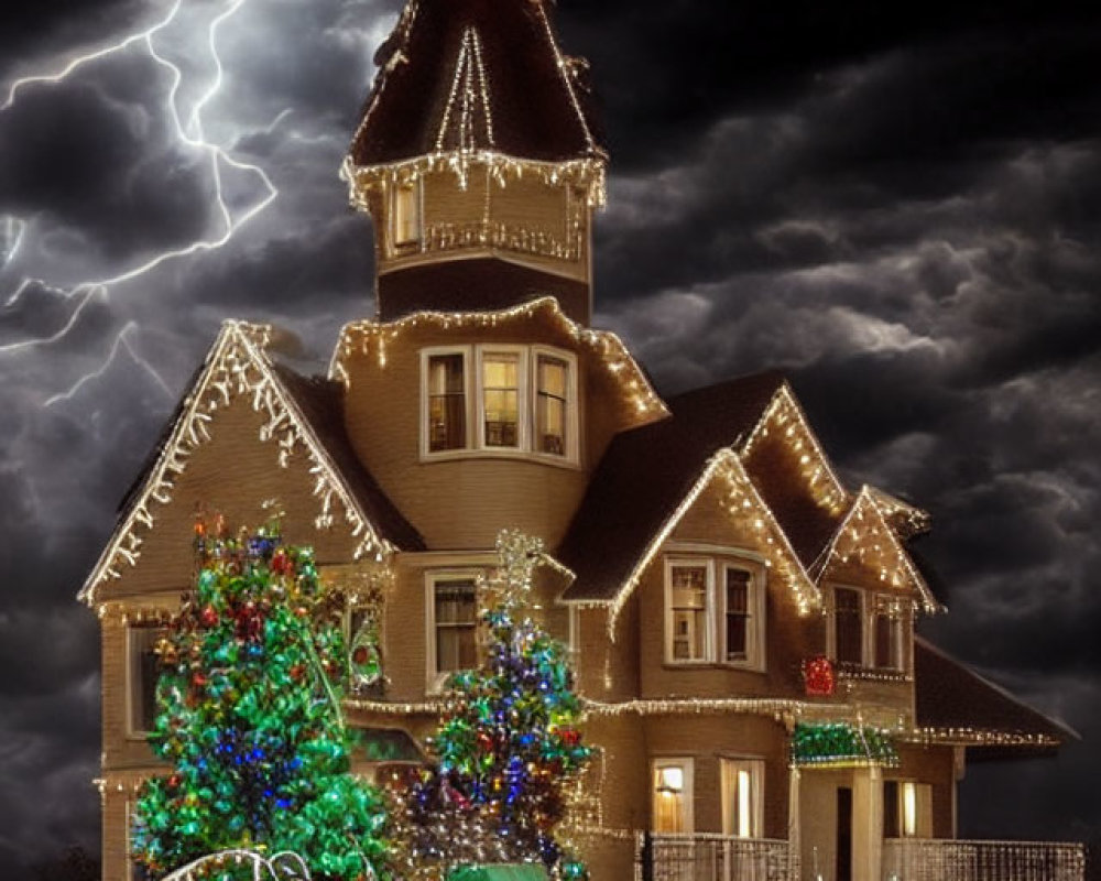 Victorian house with Christmas lights, tree, carriage under lightning night sky