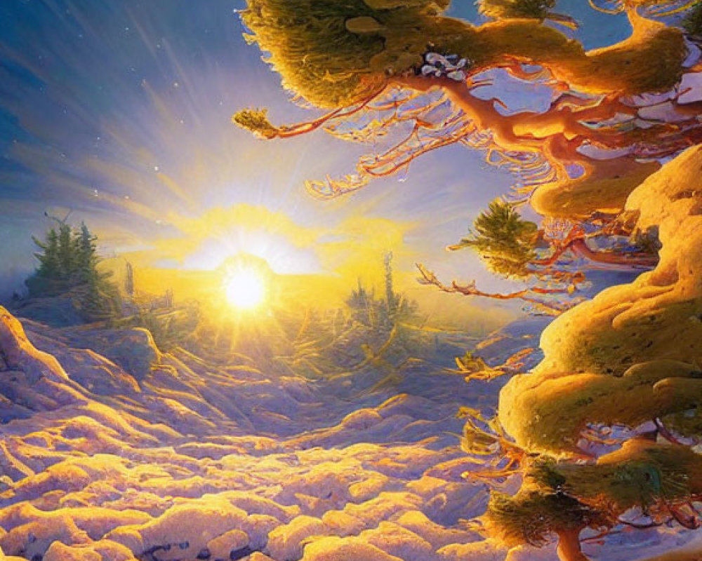 Snow-covered landscape with twisted trees and bright sun amidst starry sky
