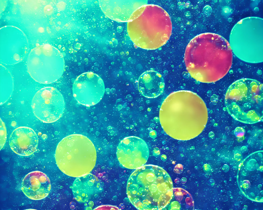 Colorful bubbles floating on bright blue background