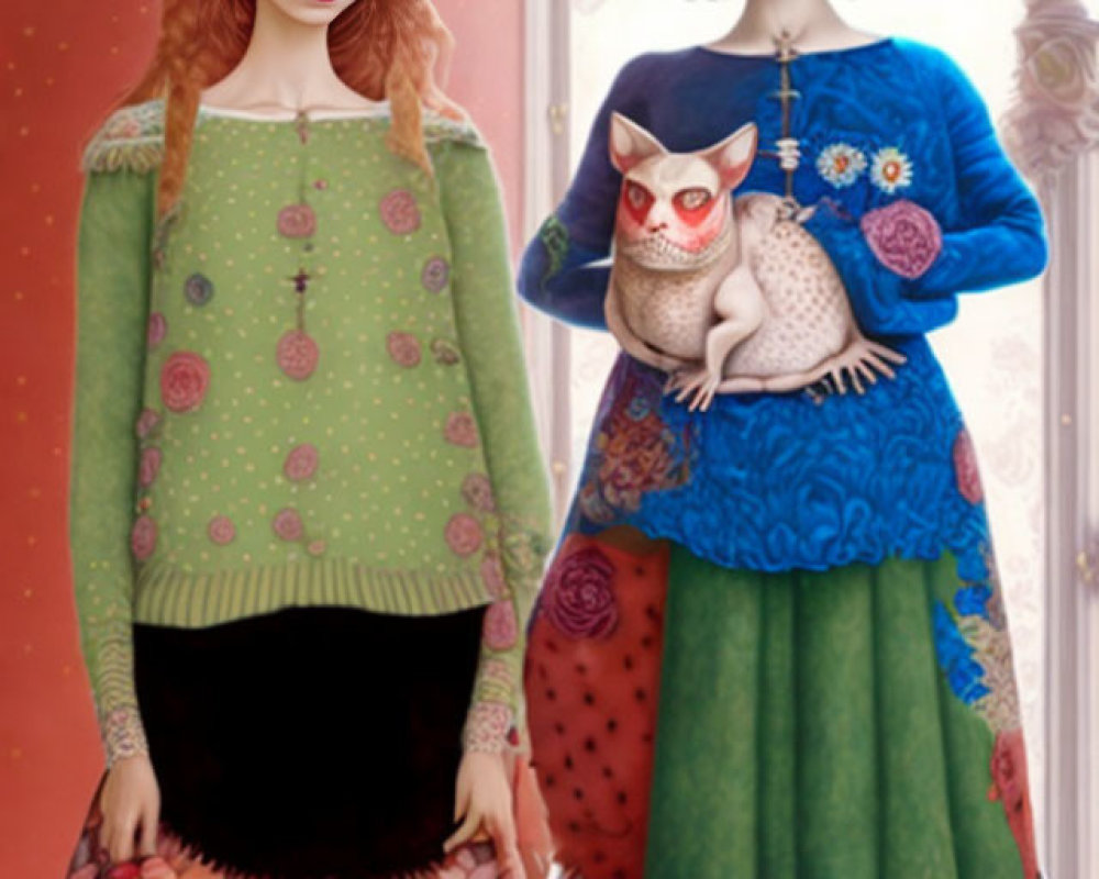 Surreal doll-like figures with owl-like creature in vibrant backdrop