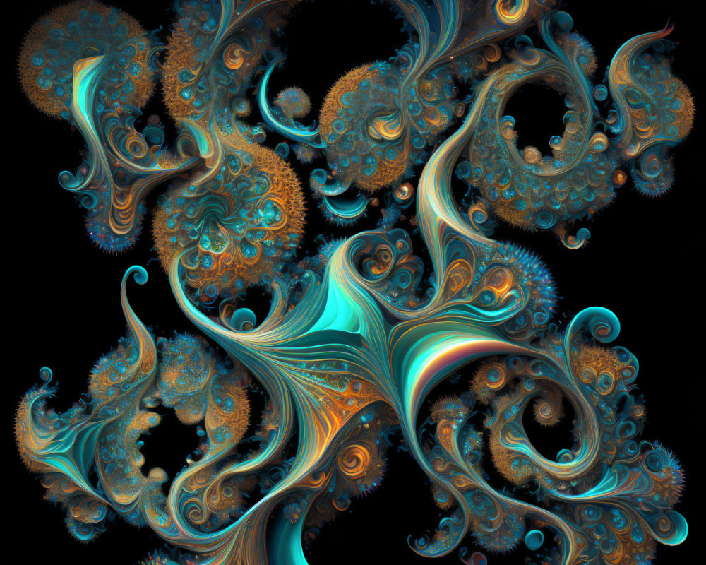 Colorful fractal art with intricate swirls and spirals in blue, orange, and white.