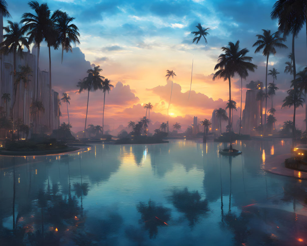 Futuristic cityscape at sunset with palm trees and reflective waters