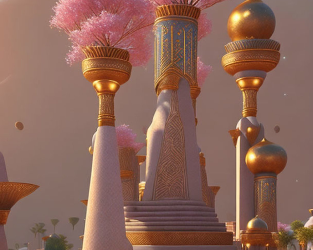 Fantasy cityscape with golden domes, spires, and pink blossoming trees under starry
