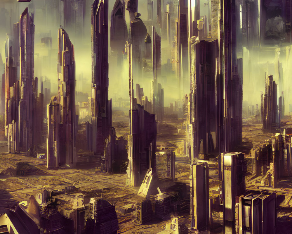 Futuristic cityscape with skyscrapers in golden haze and high-tech architecture