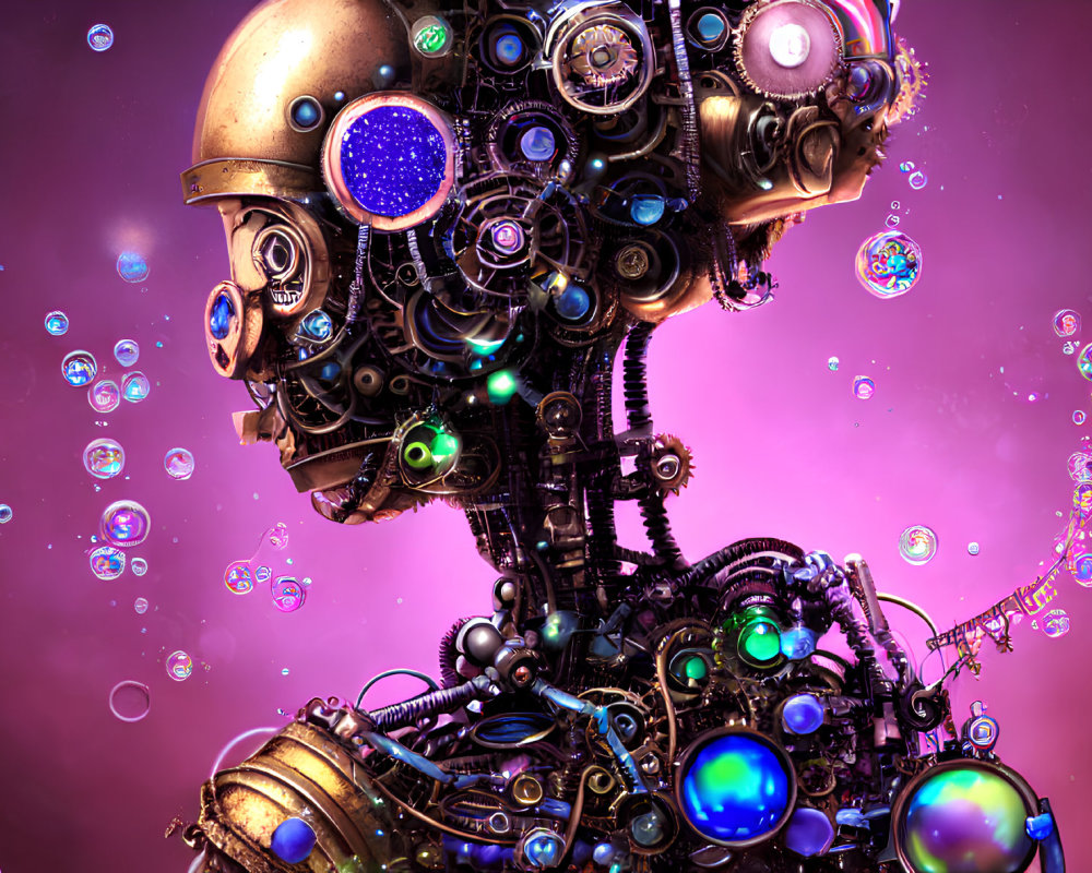 Steampunk-style robot head with glowing blue lights and iridescent bubbles on purple background