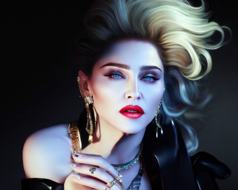 Woman with bold makeup, red lips, blue eyes, blonde hair, gold jewelry on dark background