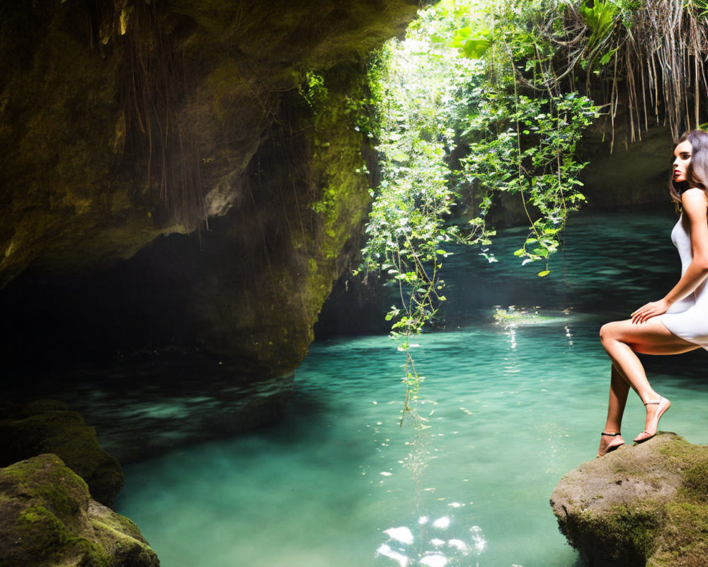 Woman in White Dress Sitting by Emerald Green Cave Pool