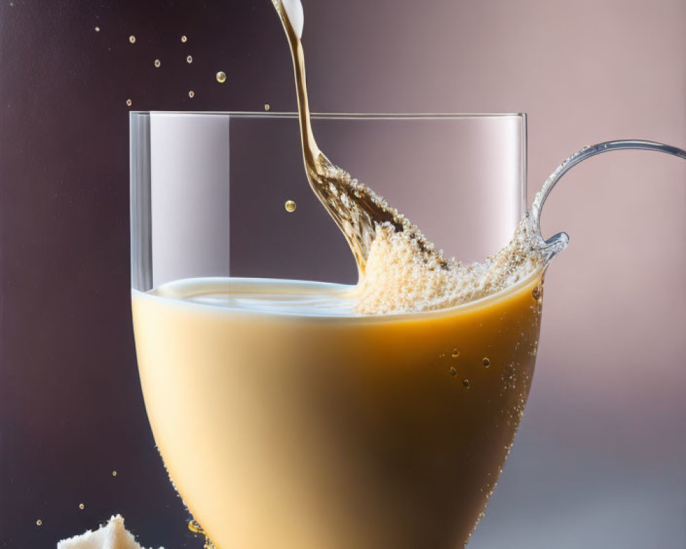 Photo of Milk Pouring into Glass with Frozen Droplets and Splash Arc