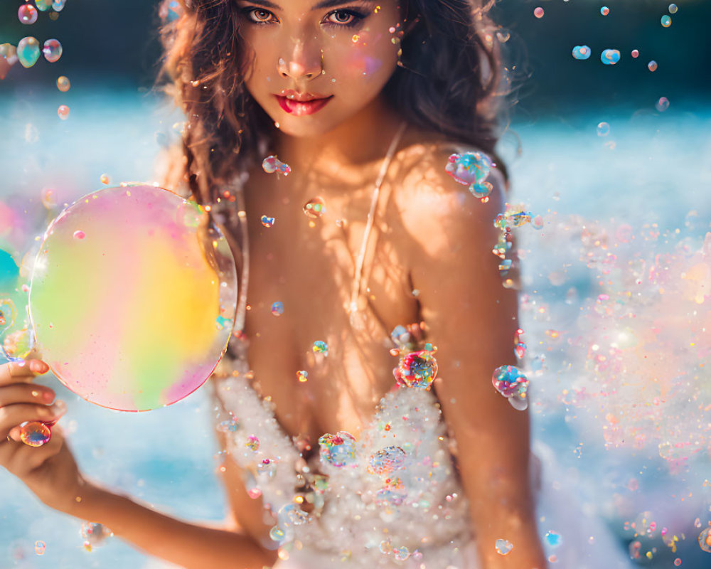 Woman in Sparkly Dress Holding Luminous Bubble Among Floating Bubbles