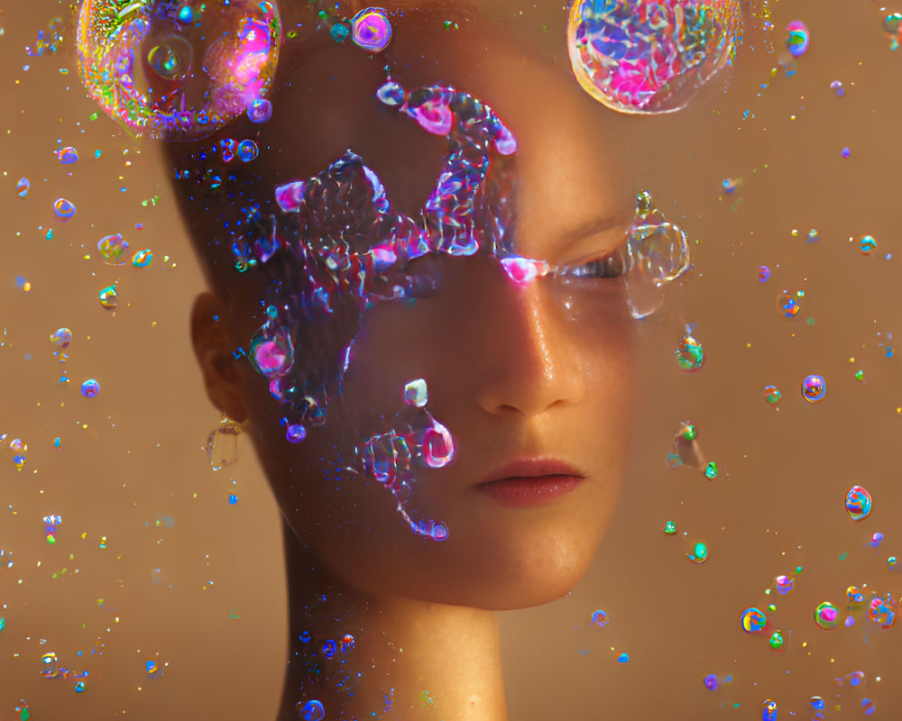 Woman with High Bun Surrounded by Iridescent Bubbles on Glittery Background