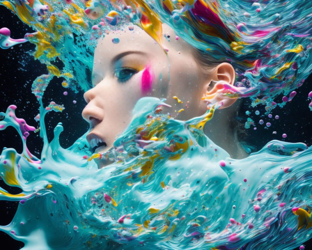 Colorful Liquid Swirls Surrounding Woman's Profile on Dark Background