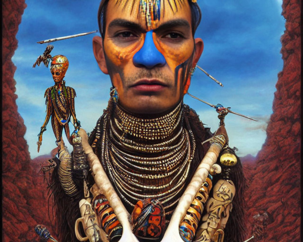 Tribal person with face paint and headdress in rocky background with artifacts
