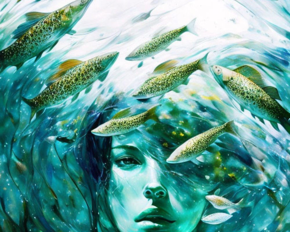 Surreal portrait of woman underwater with fish and light filtering.