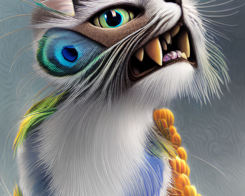 Colorful digital artwork of a cat with peacock feathers and bright blue eyes in a vibrant floral setting
