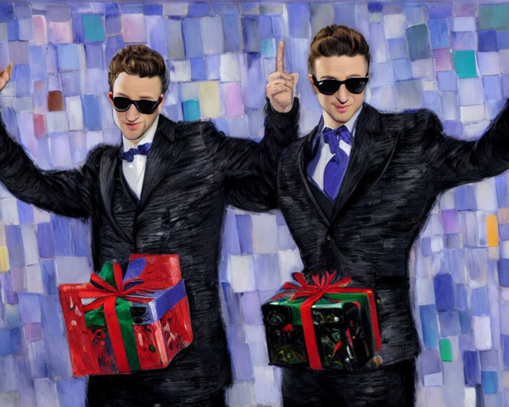 Animated figures in black suits holding red gift boxes on mosaic background