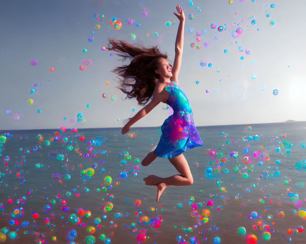 Colorful Dress Girl Jumping in Bubbles by the Sea