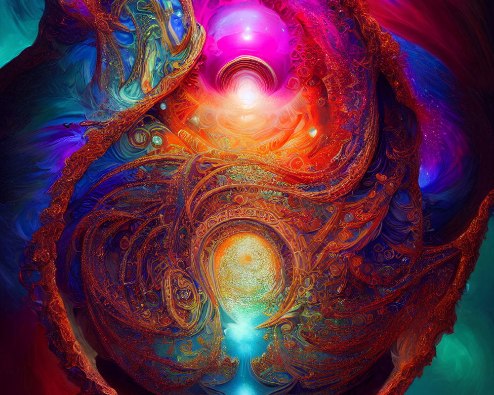 Colorful Abstract Fractal Art with Swirling Patterns and Glowing Orb