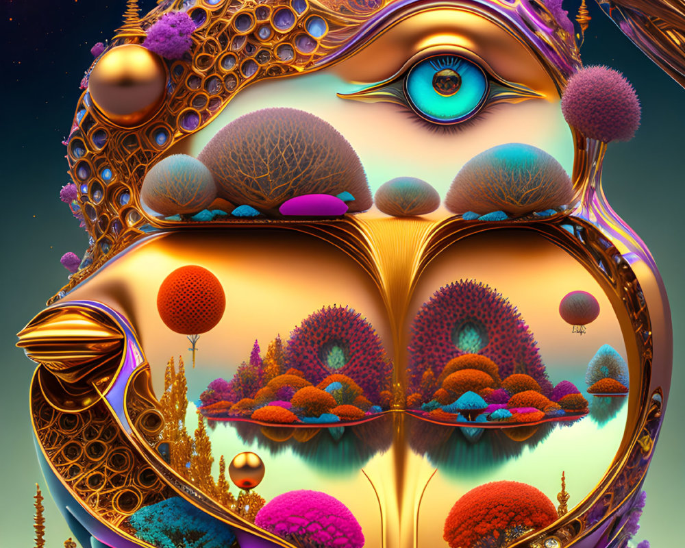 Abstract surreal digital art with vivid colors and central eye in symmetrical composition