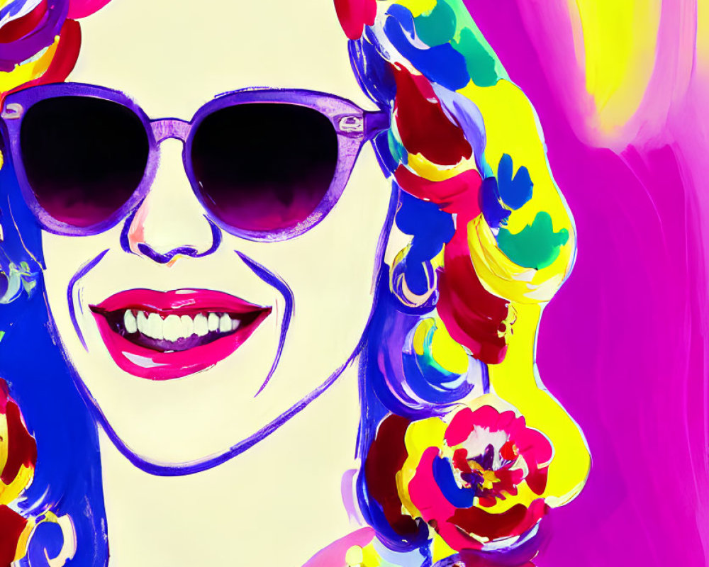 Vibrant pop art portrait of a smiling woman with sunglasses
