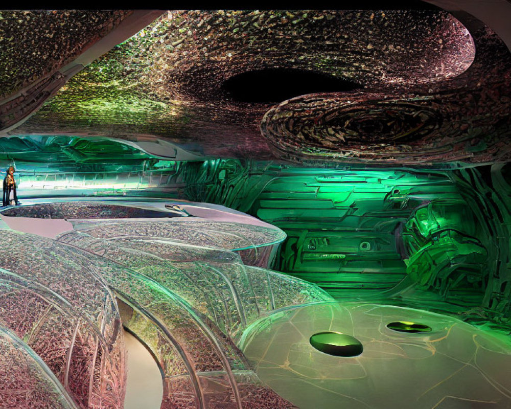 Futuristic neon-lit spaceship corridor with metallic walls