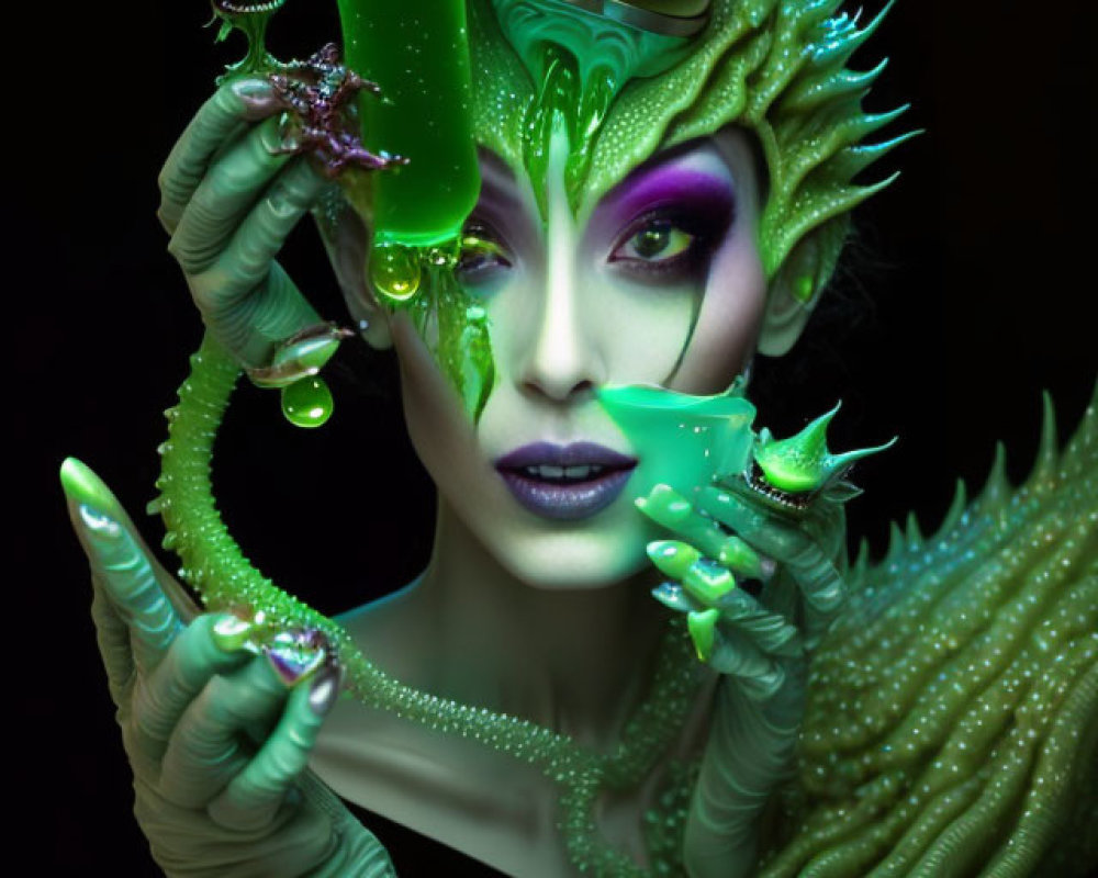 Fantastical creature with green skin and tentacles holding potion bottle