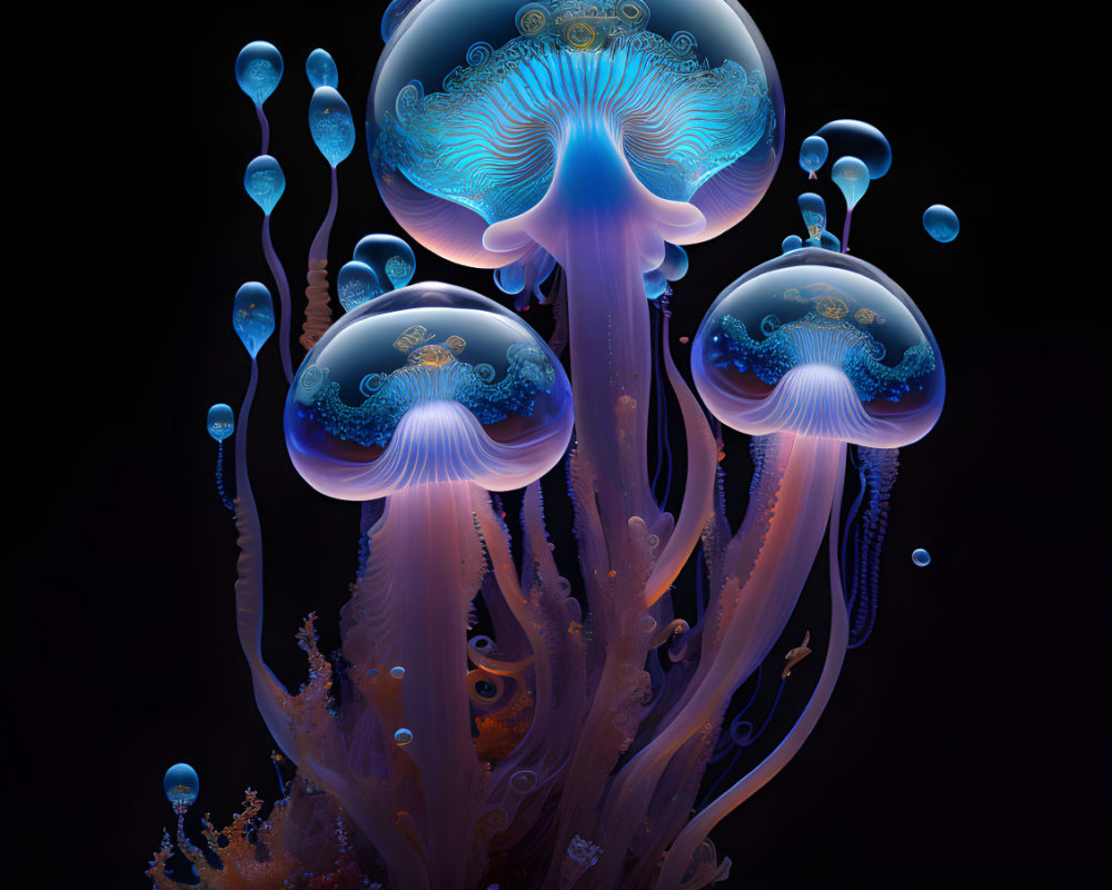 Bioluminescent jellyfish illustration in dark marine setting