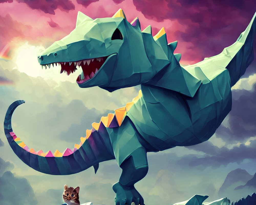 Stylized large blue origami dinosaur with orange spikes and surprised cat under dramatic sky