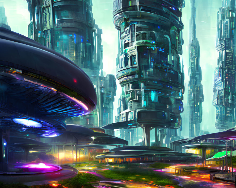 Futuristic cityscape with towering skyscrapers and glowing roads