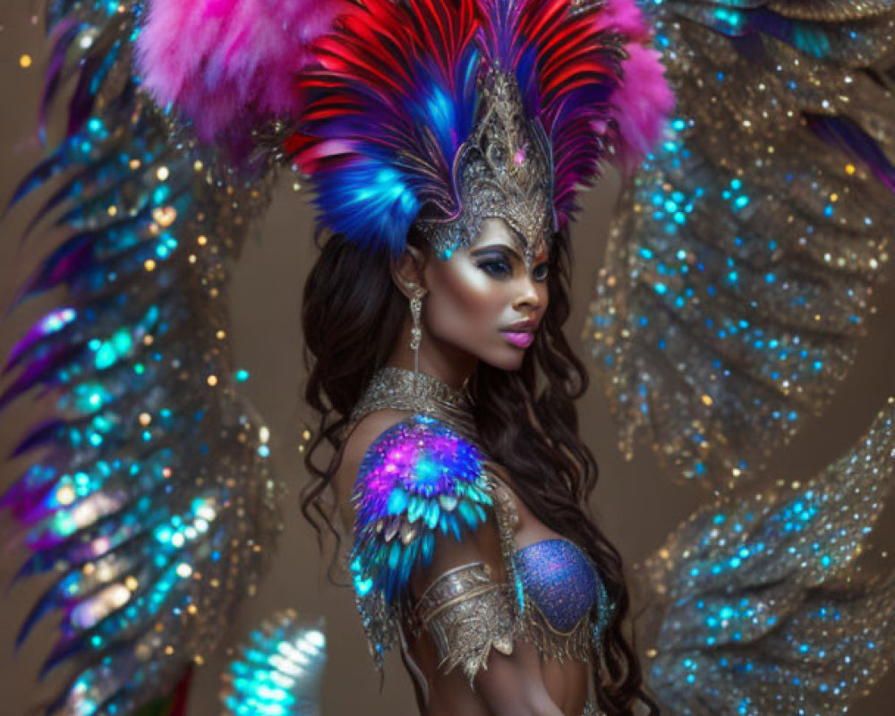 Elaborate costume with iridescent wings and vibrant feathers