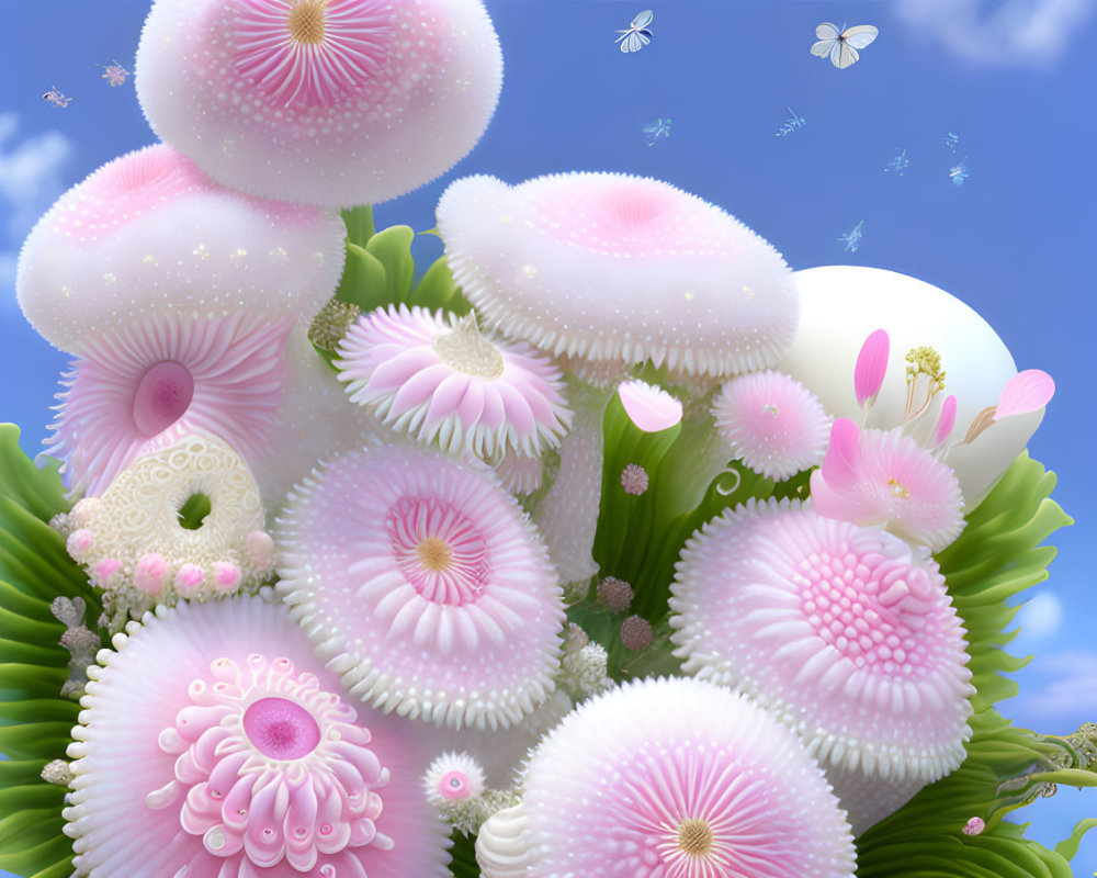 Surrealistic oversized pink and white flowers against a blue sky with flying insects