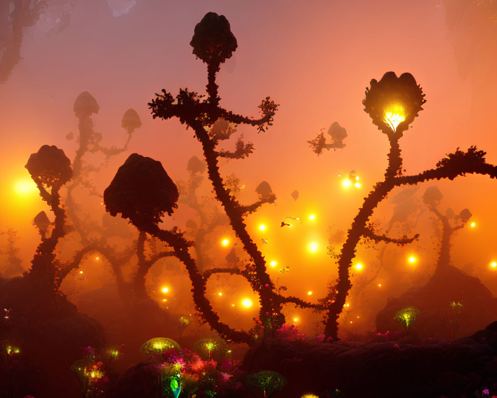 Alien landscape with glowing plants under orange sky