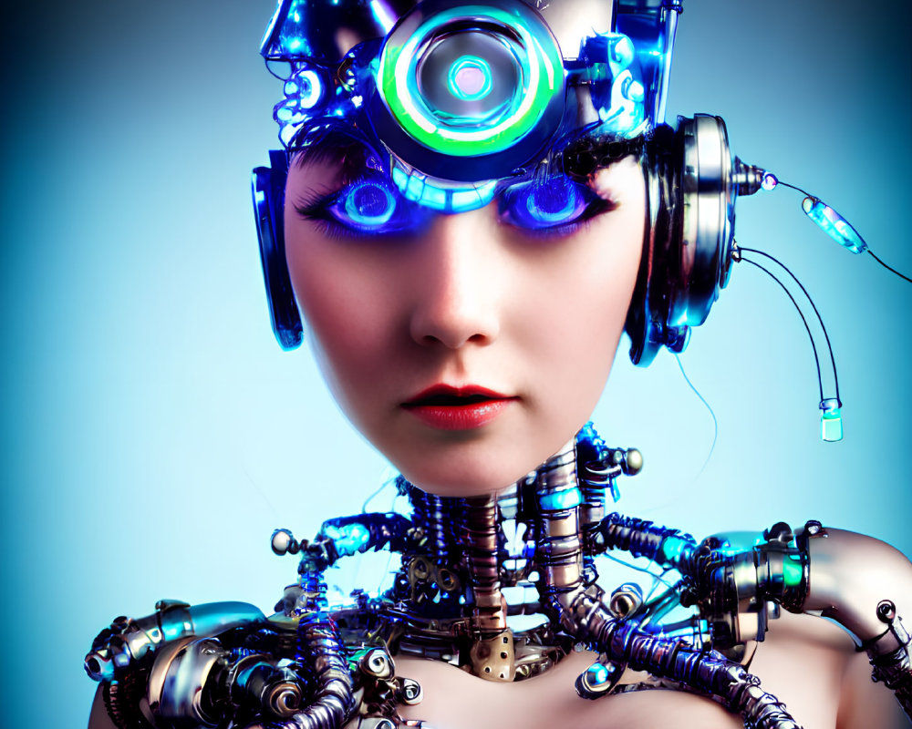 Female Android with Cybernetic Parts and Blue Light Forehead Circlet