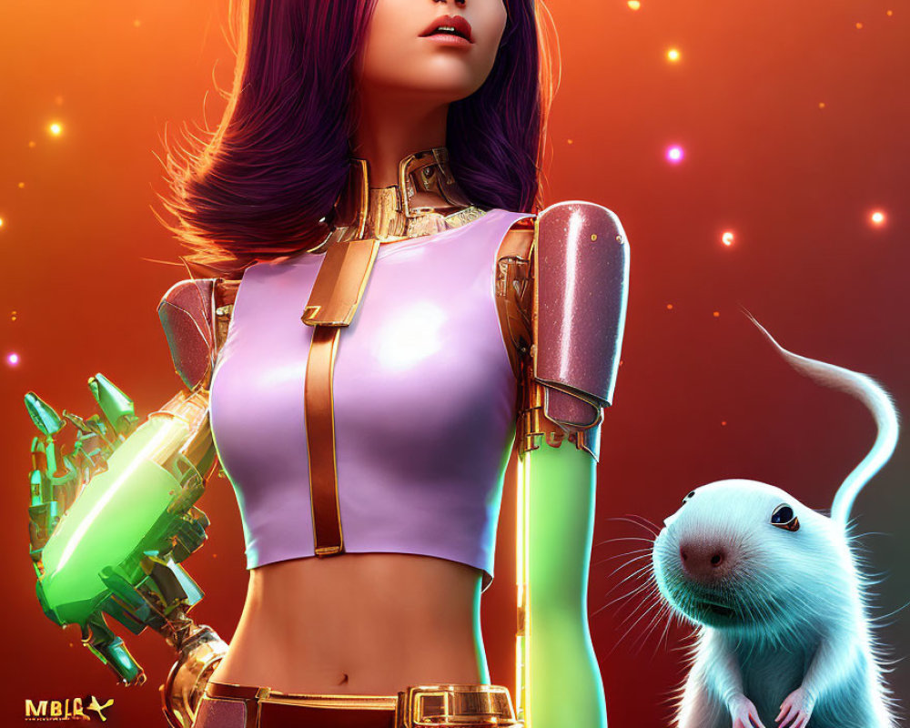 Futuristic woman with robotic arm and white mouse in vibrant orange digital artwork