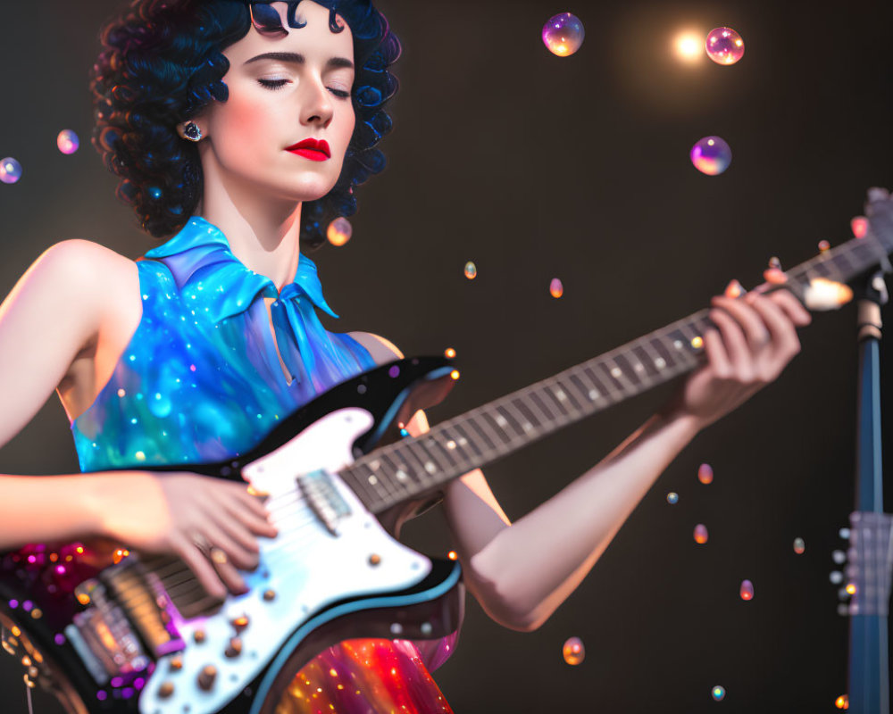 Blue-haired woman playing electric guitar surrounded by colorful bubbles