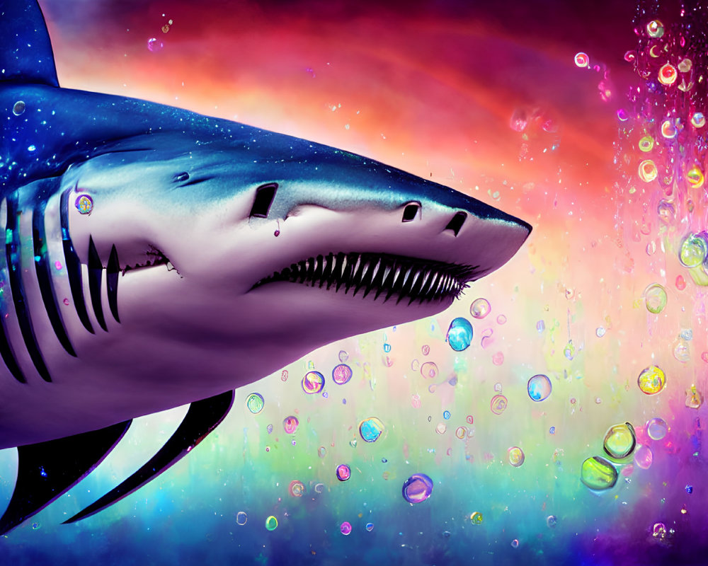 Colorful Shark Illustration with Bubbles in Purple Underwater Scene