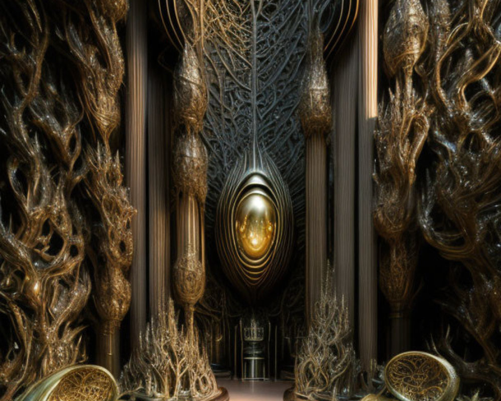 Futuristic ornate hallway with golden hues and egg-shaped structure