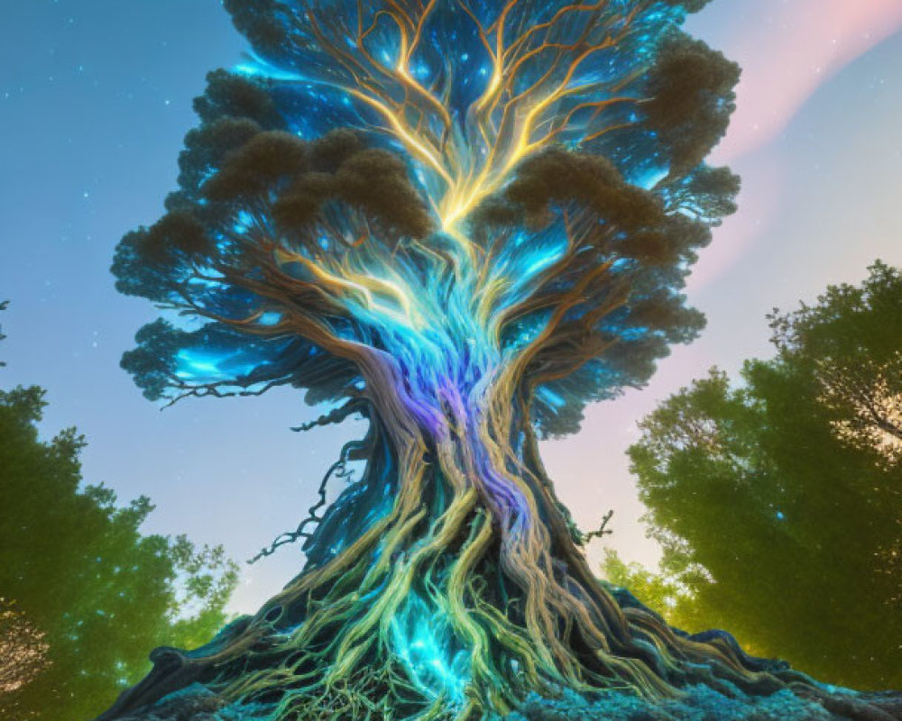 Majestic tree with vibrant blue glow against starry night sky