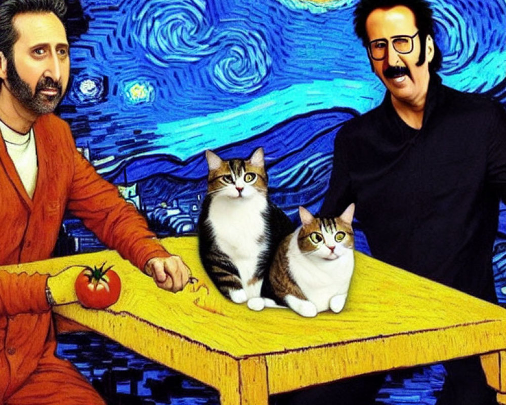 Illustrated men with mustaches at table with cats under starry night.