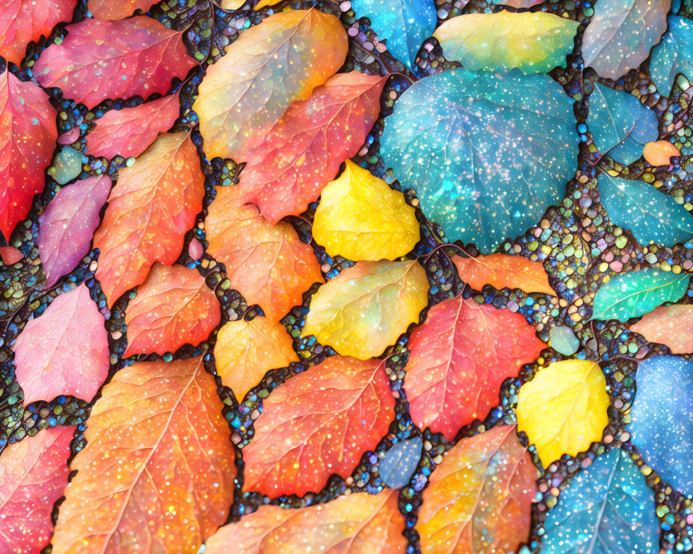 Multicolored Autumn Leaves Mosaic with Water Droplets