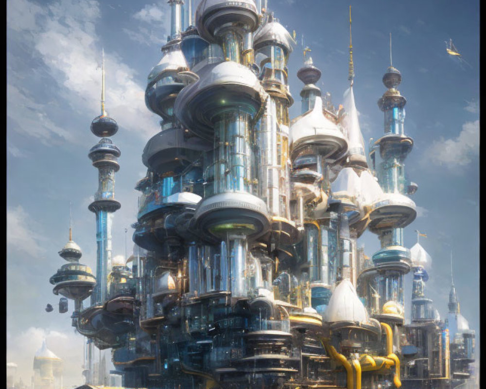 Futuristic skyscraper with spherical and cylindrical sections in lush cityscape