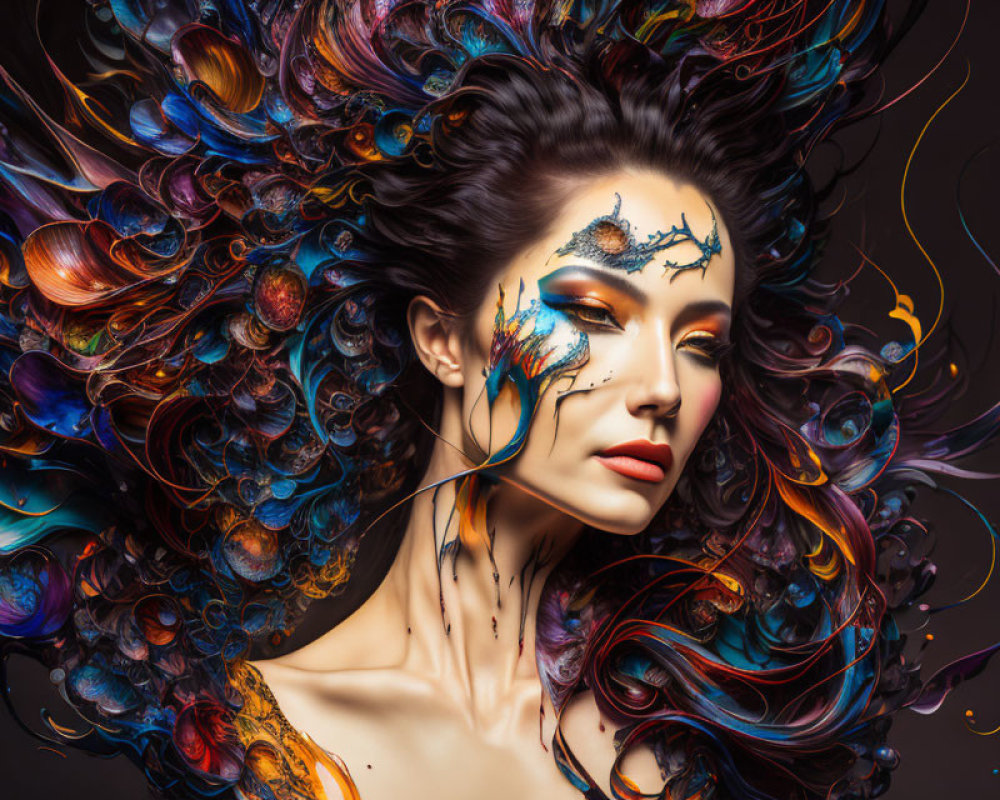 Colorful peacock feather-inspired hair design on woman with dramatic makeup