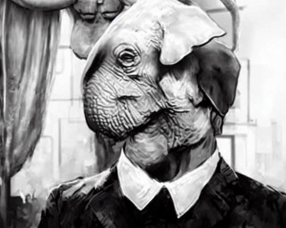 Monochrome surreal artwork: elephant head on person's body in suit