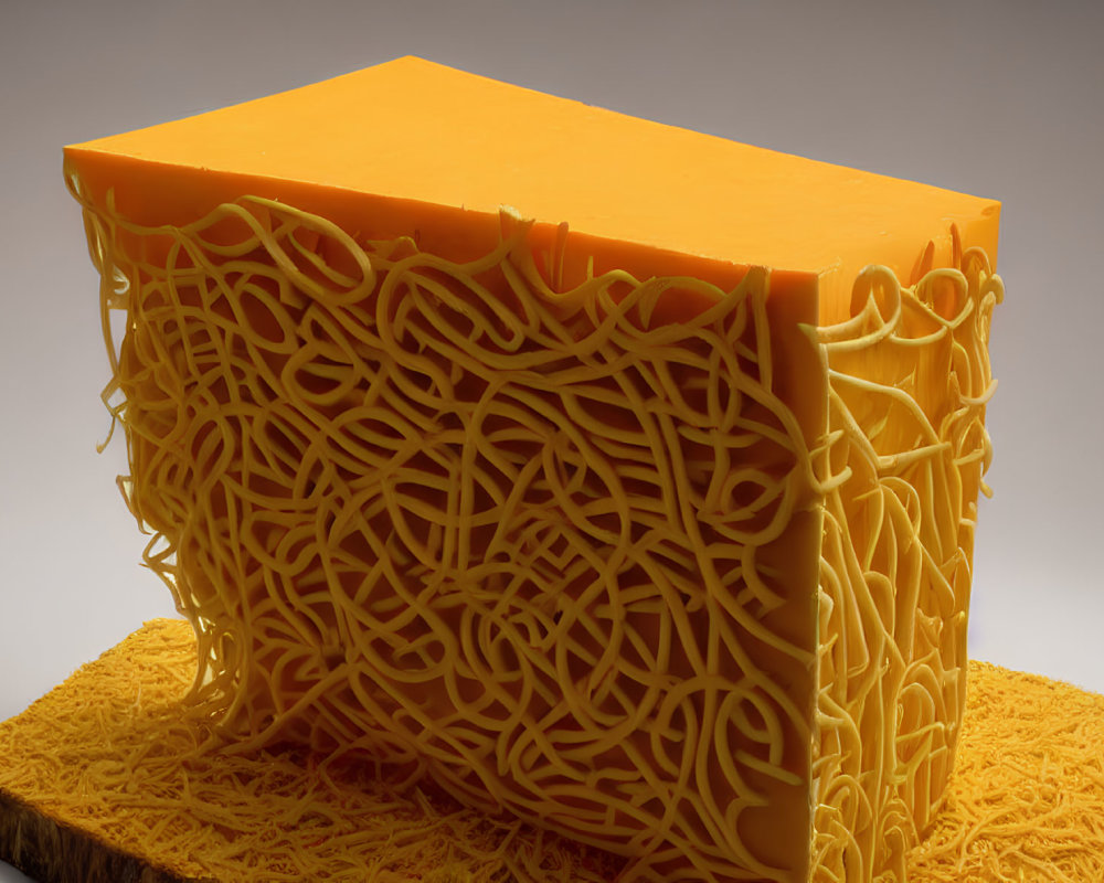High-resolution image of cube-shaped cheddar cheese with noodle-like designs on textured surface