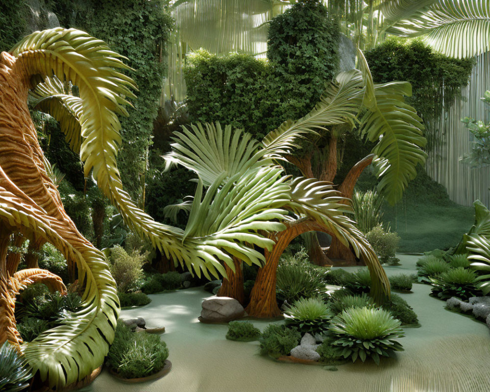 Tropical garden with lush greenery and palm fronds