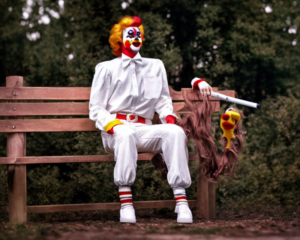 Clown in costume with prop gun and puppet on park bench