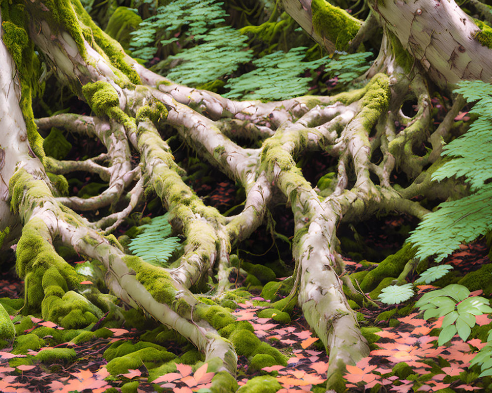 Green moss carpets tree roots with ferns and fallen leaves in nature scene.