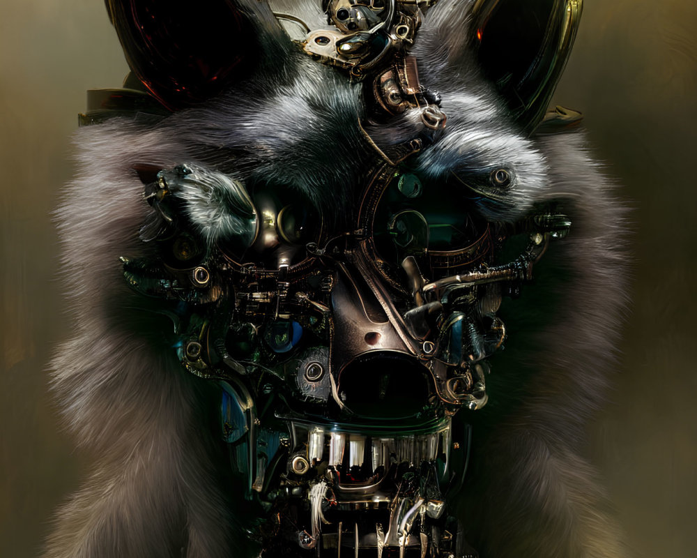 Hyper-realistic mechanized creature with fur and intricate mechanical parts.