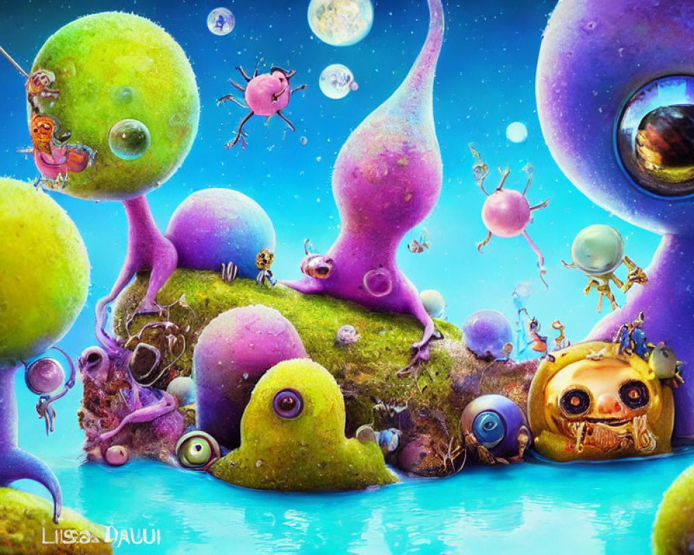 Colorful Fantasy Landscape with Whimsical Creatures and Bubbles