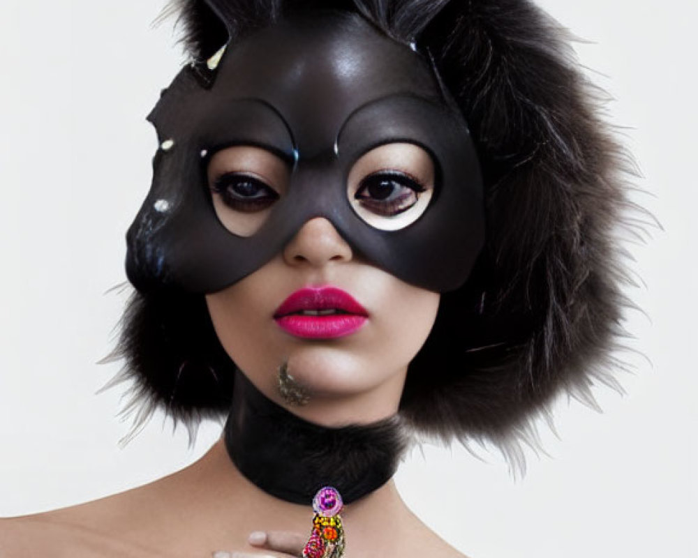 Person in Black Bunny Mask with Pink Lipstick and Accessories